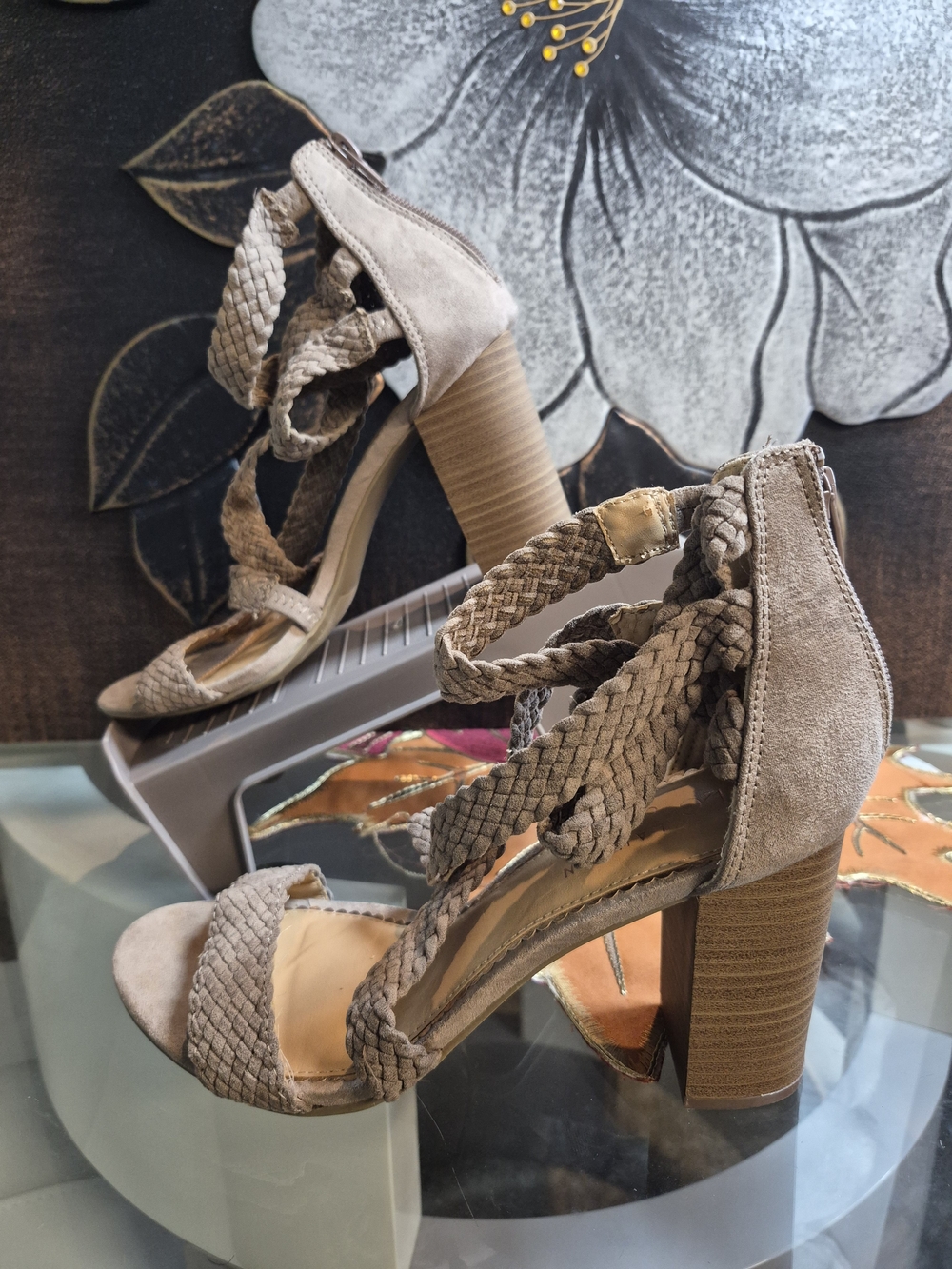 LC Lauren Conrad Taupe Braided Block Heel Sandals
